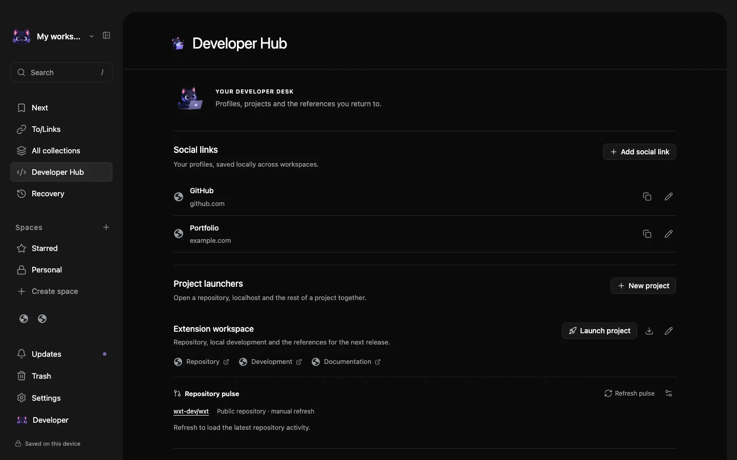 Whiskrs Your Space with example content