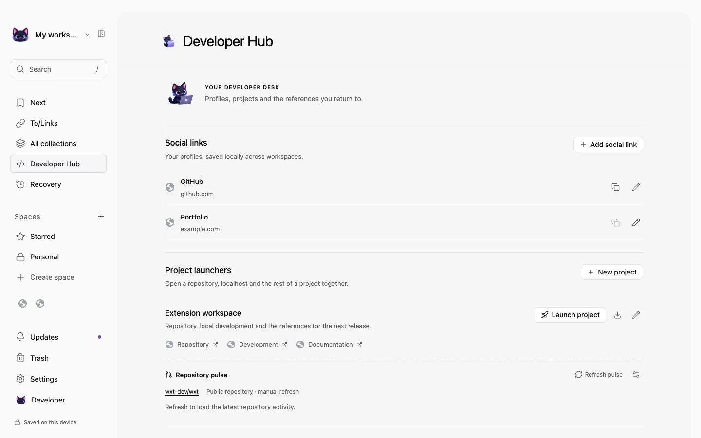 Whiskrs Your Space with example content