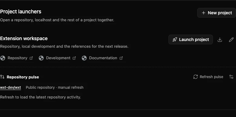 Actual Whiskrs project launcher with repository, development and documentation links and configured public Repository pulse