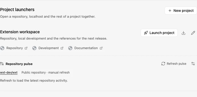 Actual Whiskrs project launcher with repository, development and documentation links and configured public Repository pulse