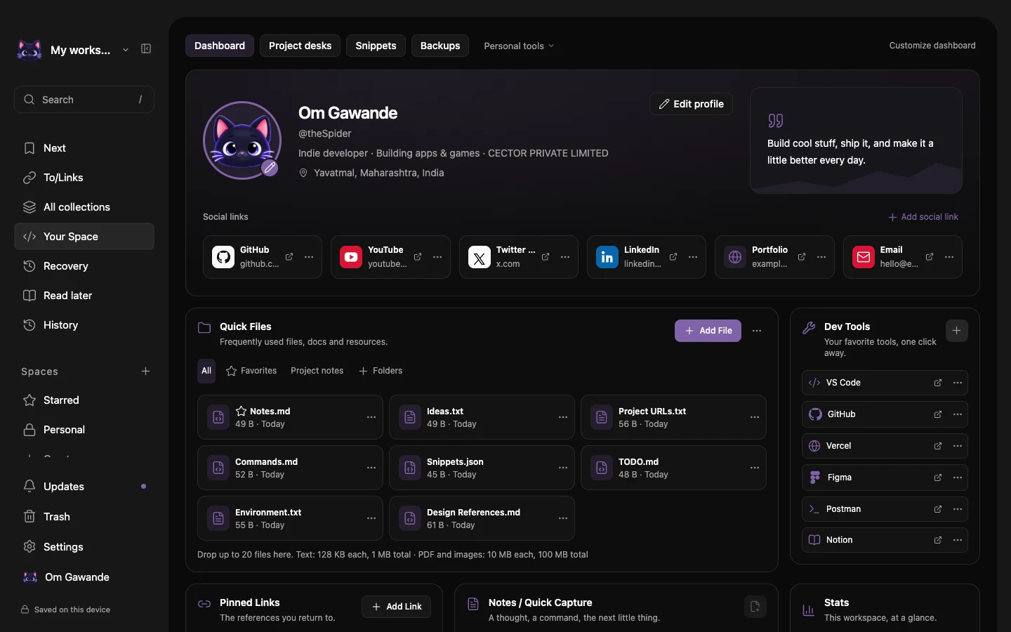 Whiskrs Your Space dashboard with local quick files, developer tools, pinned links and quick capture
