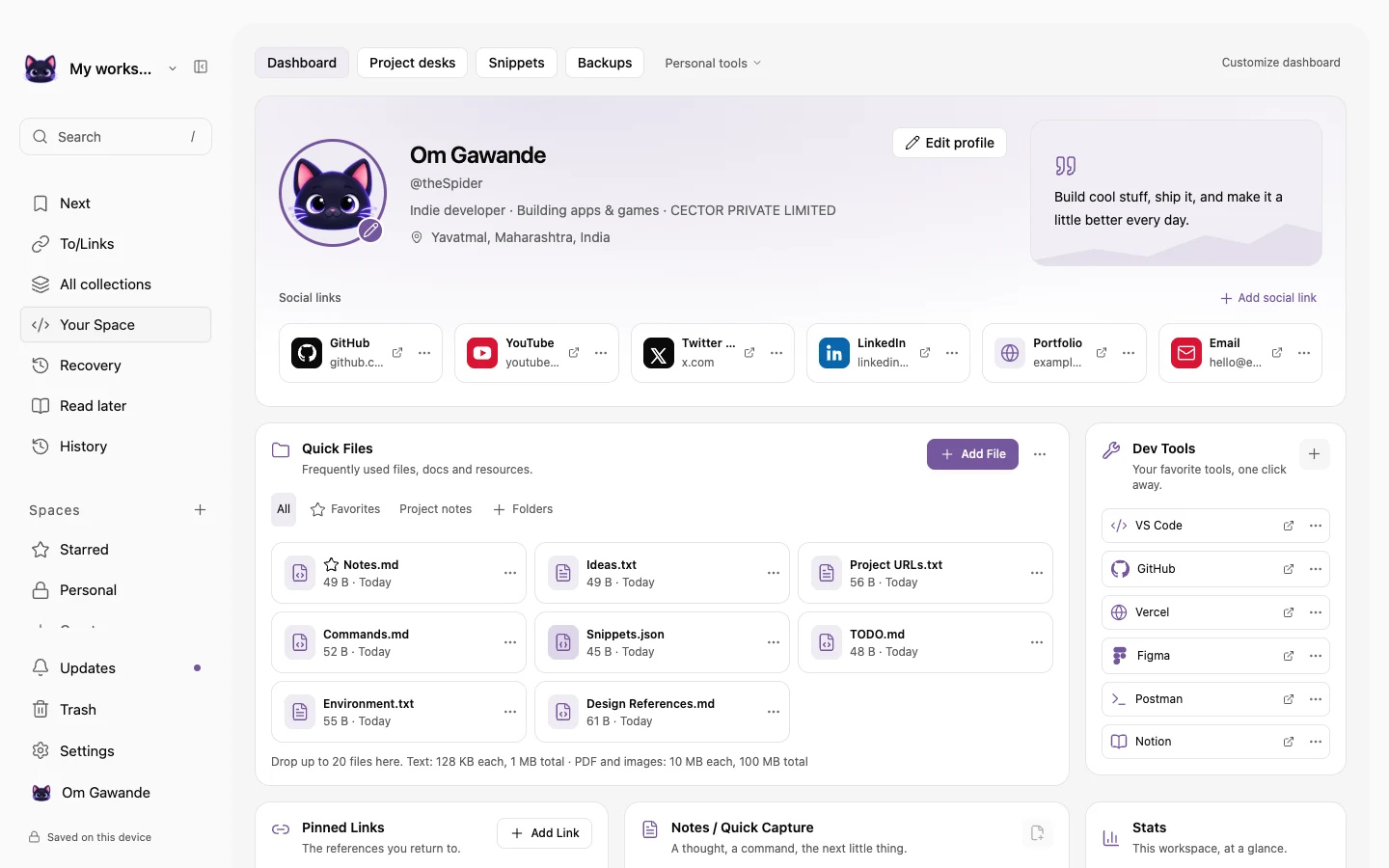 Whiskrs Your Space dashboard with local quick files, developer tools, pinned links and quick capture